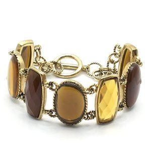 Estate Faux Amber Lucite Open Bezel Gold Tone GP Toggle Closure Bracelet Cuff